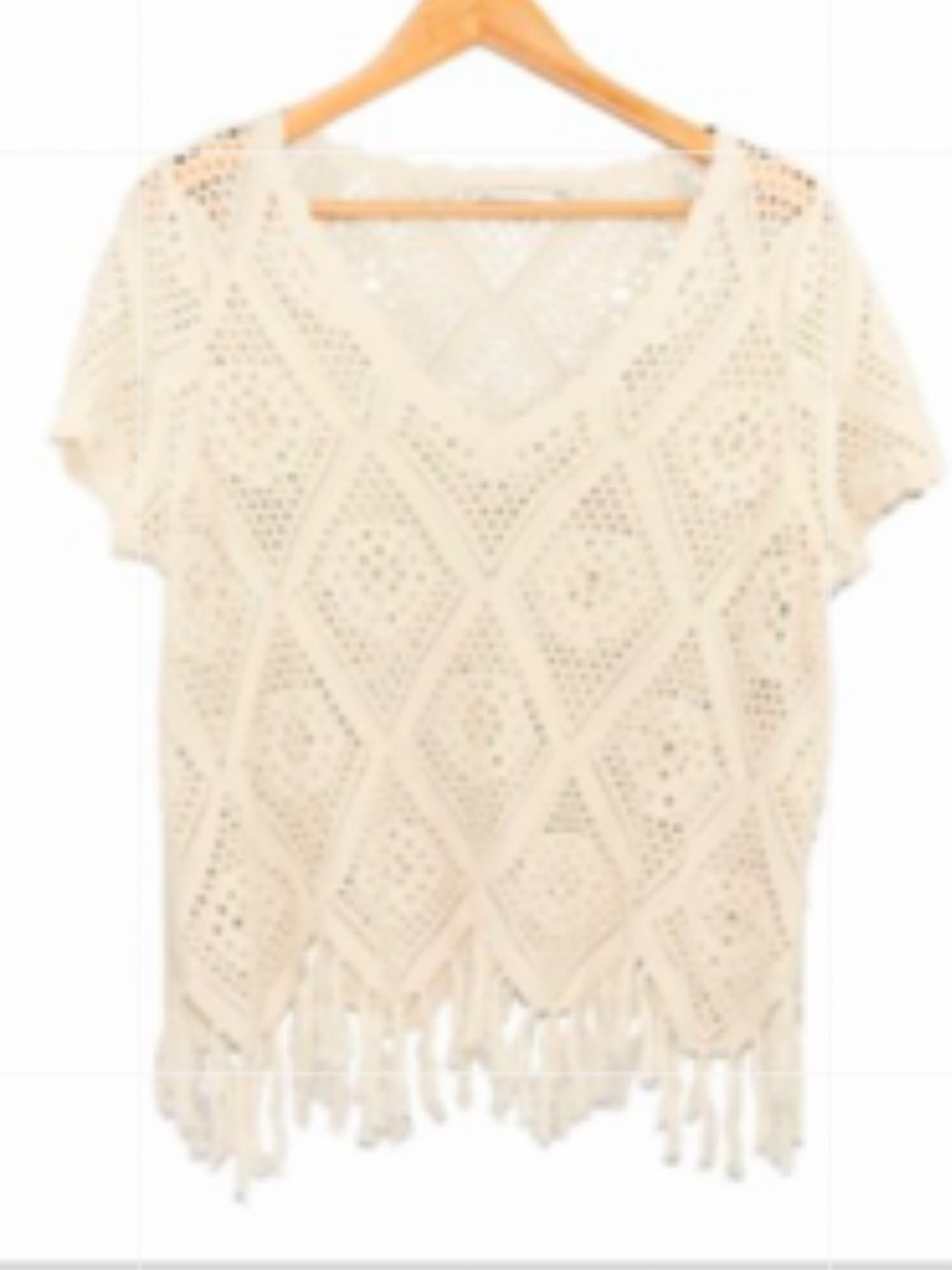 NEW• Arpeggio Ivory Bohemian Chic & Unique Crochet Top with Fringe Hemline•2X - Picture 4 of 10